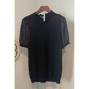 Adrianna Papell Women's Blouse Short Sleeve Polka Dot Puff Sleeve‎ Size M Black